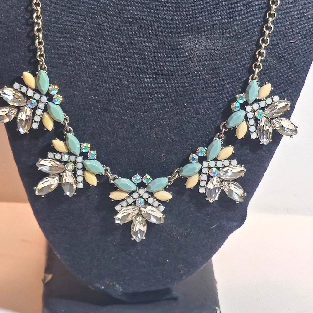Silver Tone Mint Green Cream AB Crystal Cluster Statement Bib Necklace 19in